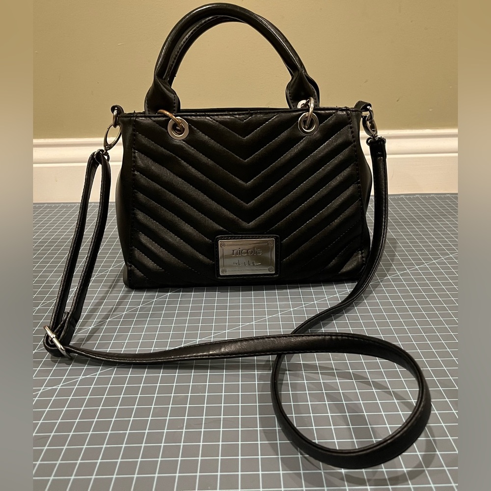 Nicole Miller black faux leather chevron satchel purse